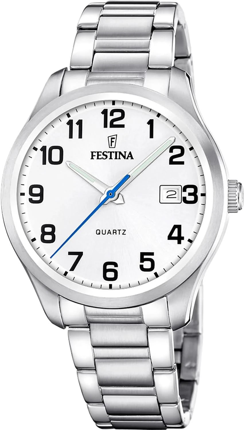 Reloj Festina para hombre con correa de metal, esfera plateada y visualización de fecha