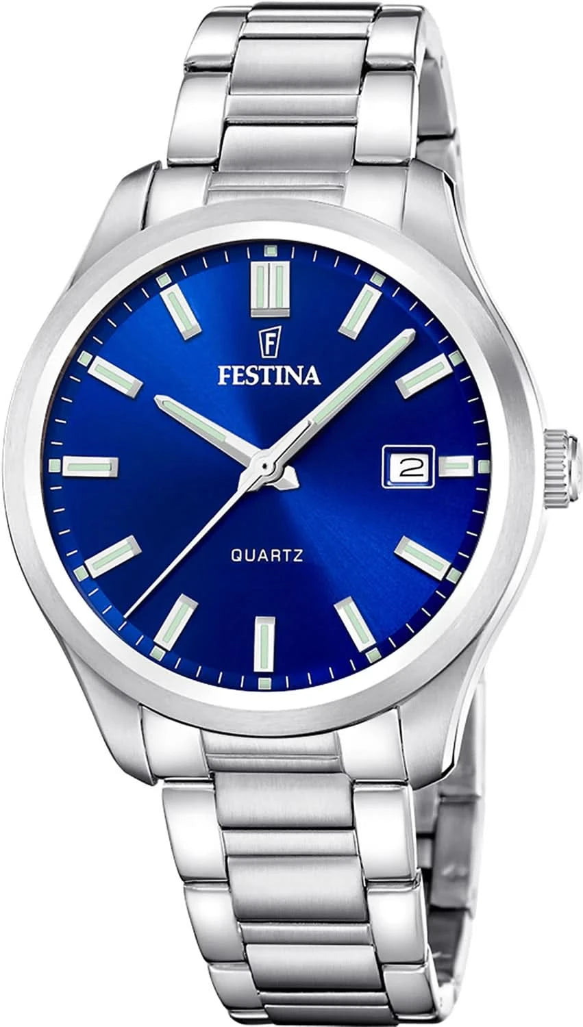 Reloj para hombre con esfera azul, brazalete de acero inoxidable plateado y visualización de hora