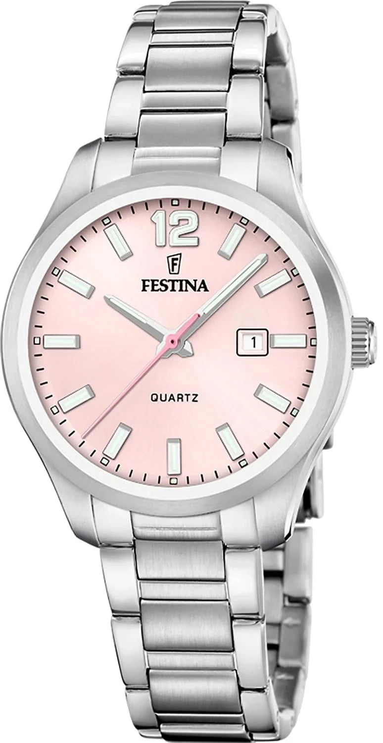 Reloj de mujer con pulsera de acero inoxidable, esfera rosa, visualización redonda de la hora