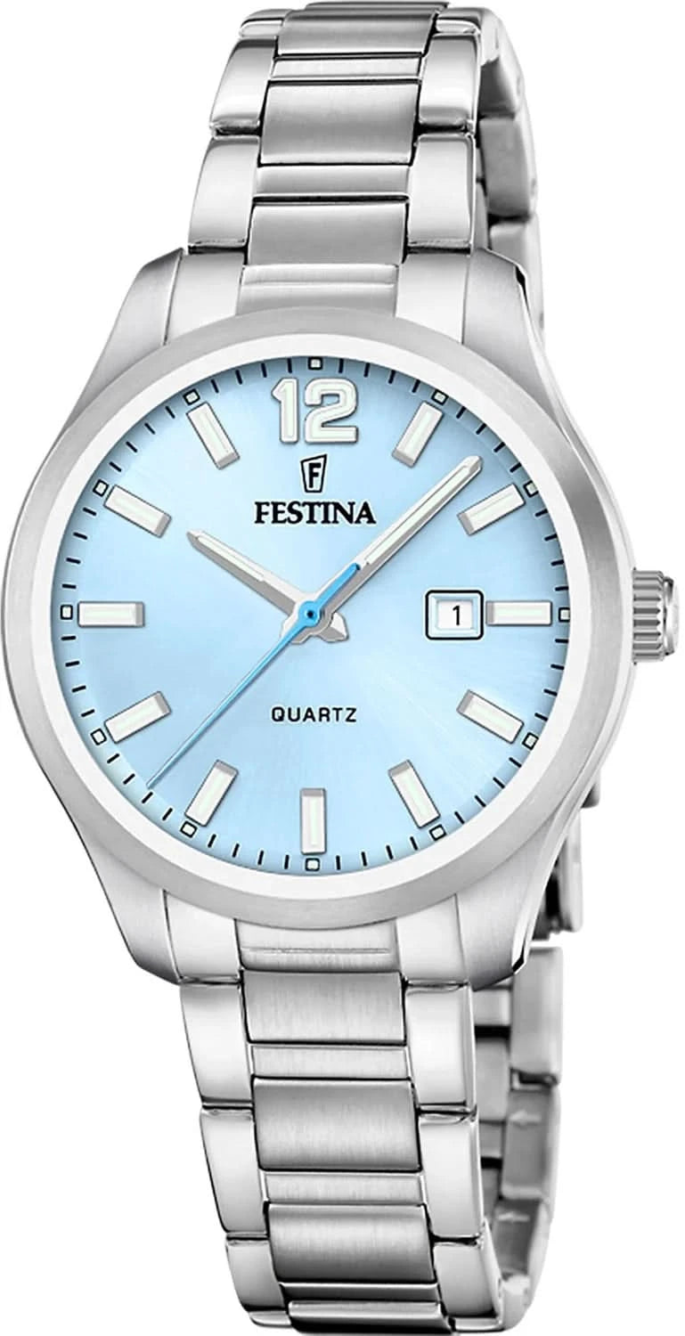 Reloj de mujer con esfera azul y correa de acero inoxidable, pantalla redonda y ventana de fecha