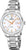 "Reloj de mujer con pulsera de metal plateado y esfera blanca, agujas doradas"
