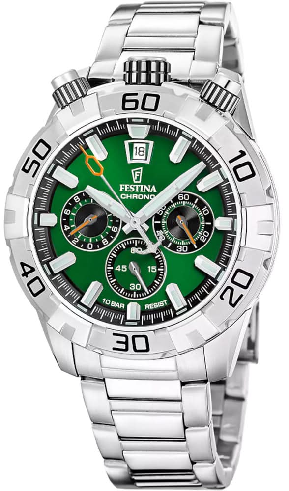 Reloj Festina para hombre con esfera verde, subesferas de cronógrafo y brazalete de acero