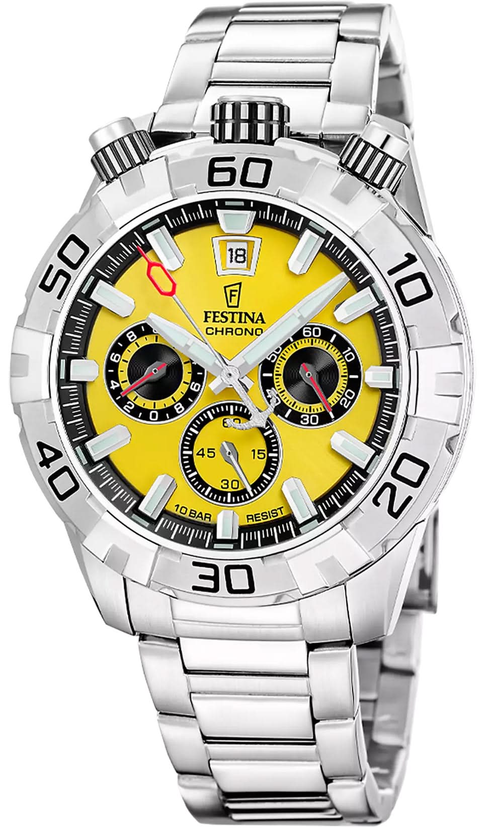 Reloj Festina para hombre con correa de acero inoxidable y esfera amarilla, subesferas de cronógrafo