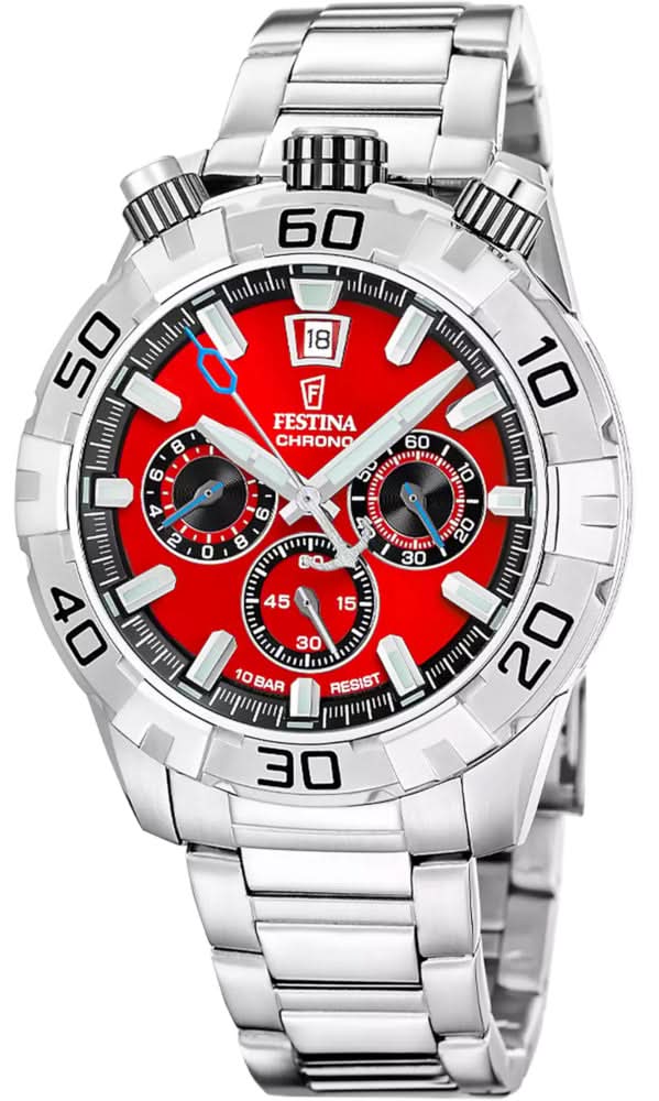 Pulsera de plata para hombre con esfera roja y 3 subesferas de cronógrafo