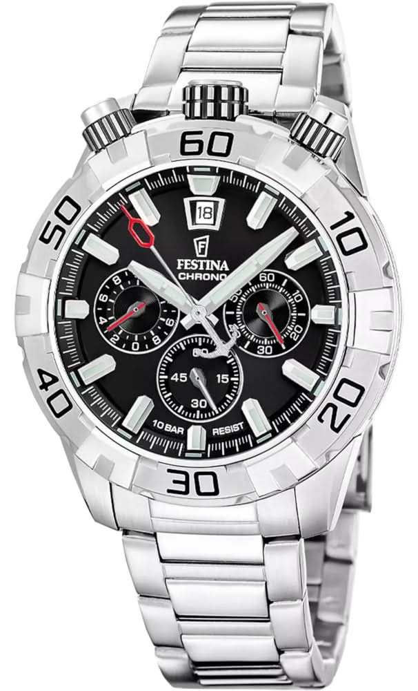 Reloj cronógrafo para hombre con correa de acero inoxidable plateada, esfera negra y detalles en rojo