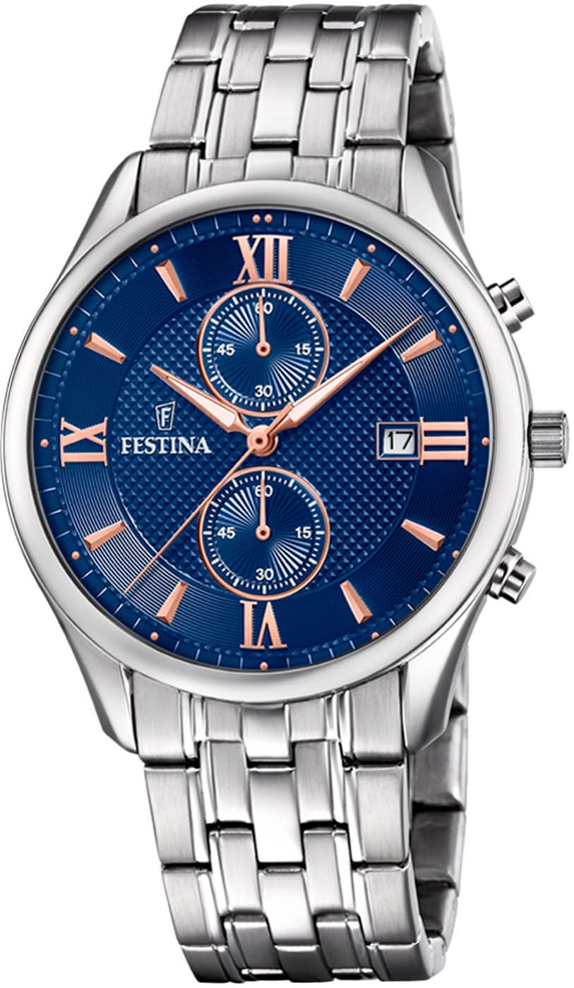 Festina Reloj Cronógrafo con Esfera Azul, Brazalete de Acero Inoxidable y Visualización de Fecha