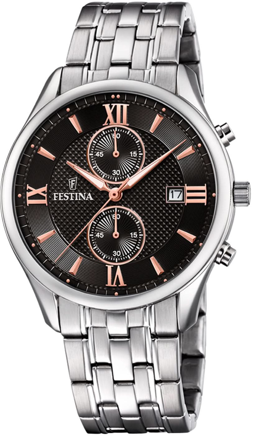 Festina Reloj Cronógrafo para Hombre: esfera negra, pulsera de acero inoxidable