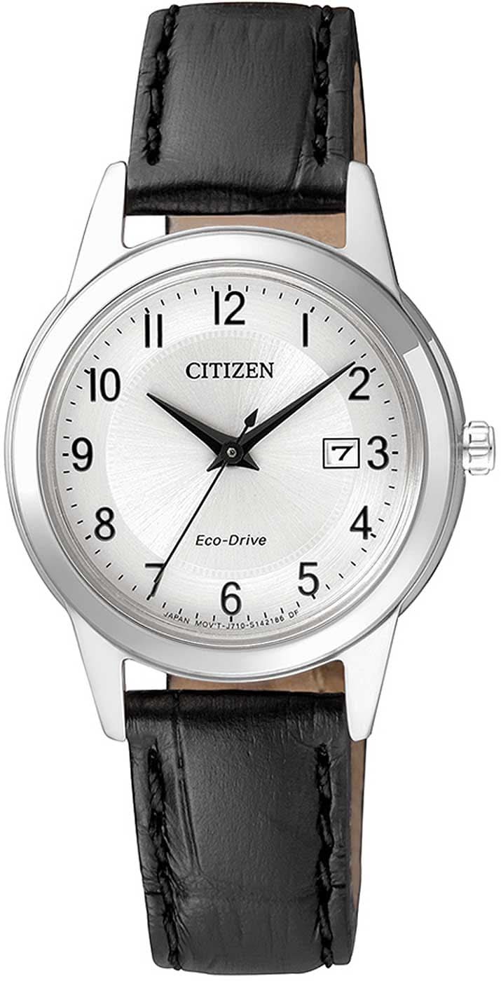 "Reloj de mujer con correa de cuero negra, esfera plateada y ventana de fecha"