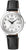 "Reloj de mujer con correa de cuero negra, esfera plateada y ventana de fecha"