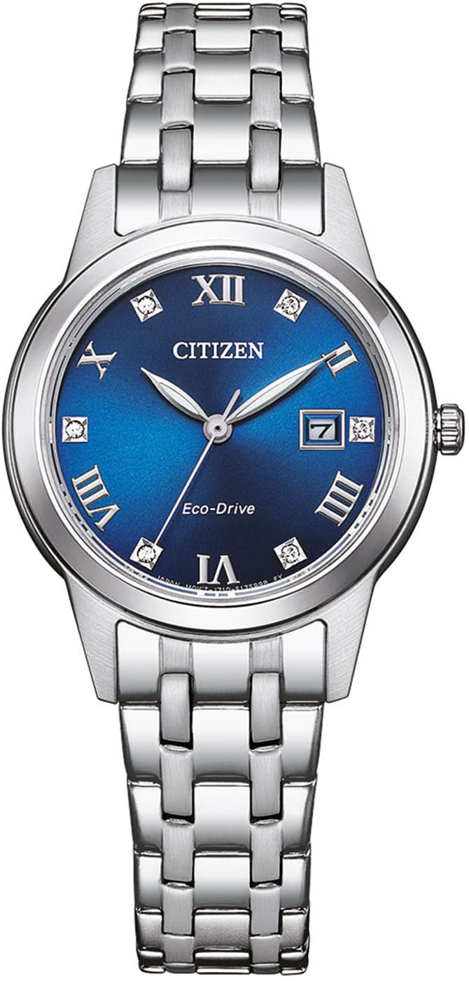 Reloj de mujer con esfera azul y correa de acero inoxidable, números romanos, Eco-Drive