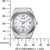 Vista frontal de reloj de mujer con esfera blanca, fecha a las 7; medida en mm.