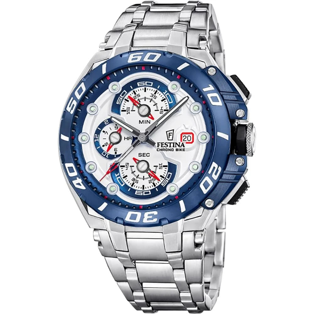 Festina Cronógrafo para hombre con esfera azul y correa de acero inoxidable