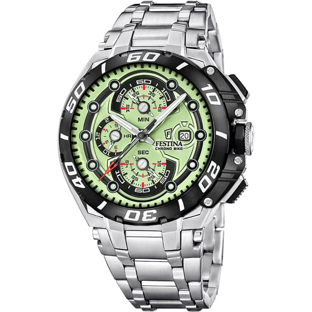 Reloj de acero inoxidable para hombre con esfera verde de cronógrafo y bisel negro