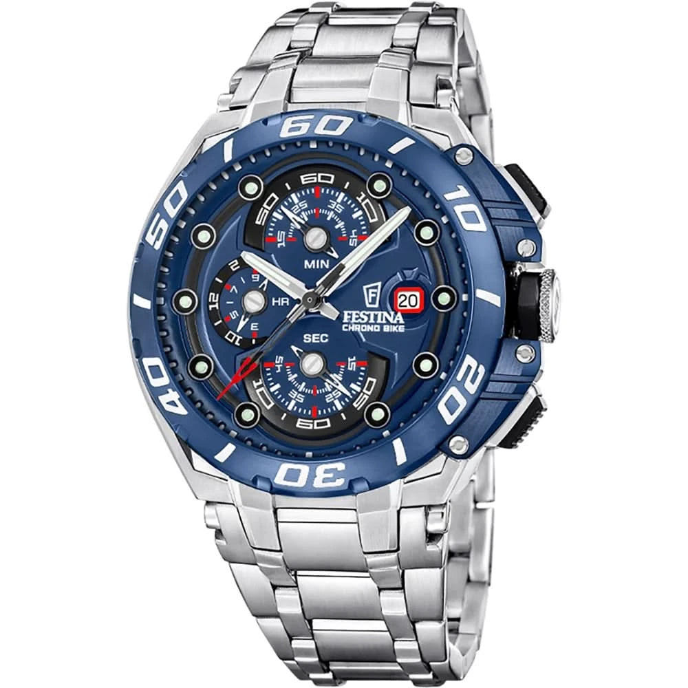 Reloj cronógrafo Festina Bike para hombre con esfera azul y correa de metal plateada