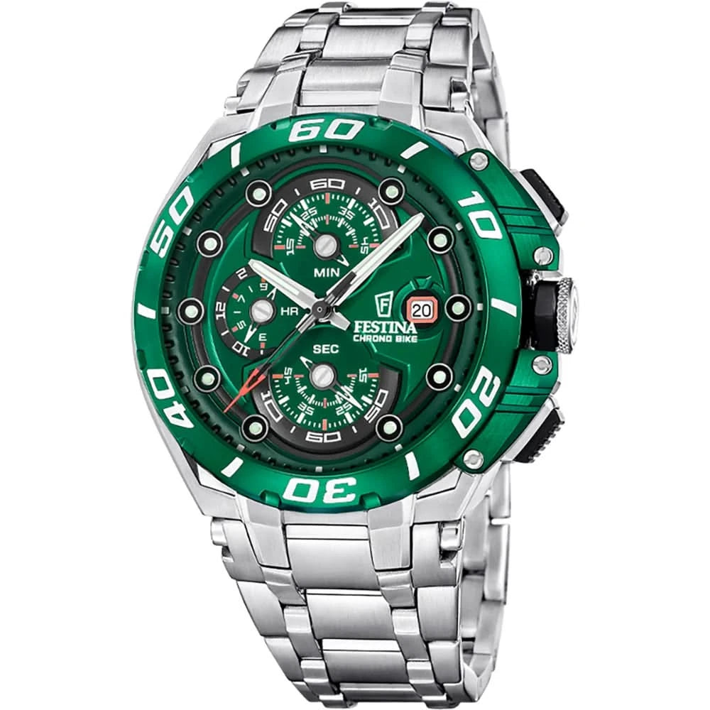 Reloj deportivo para hombre con esfera verde, cronógrafo y correa de acero inoxidable