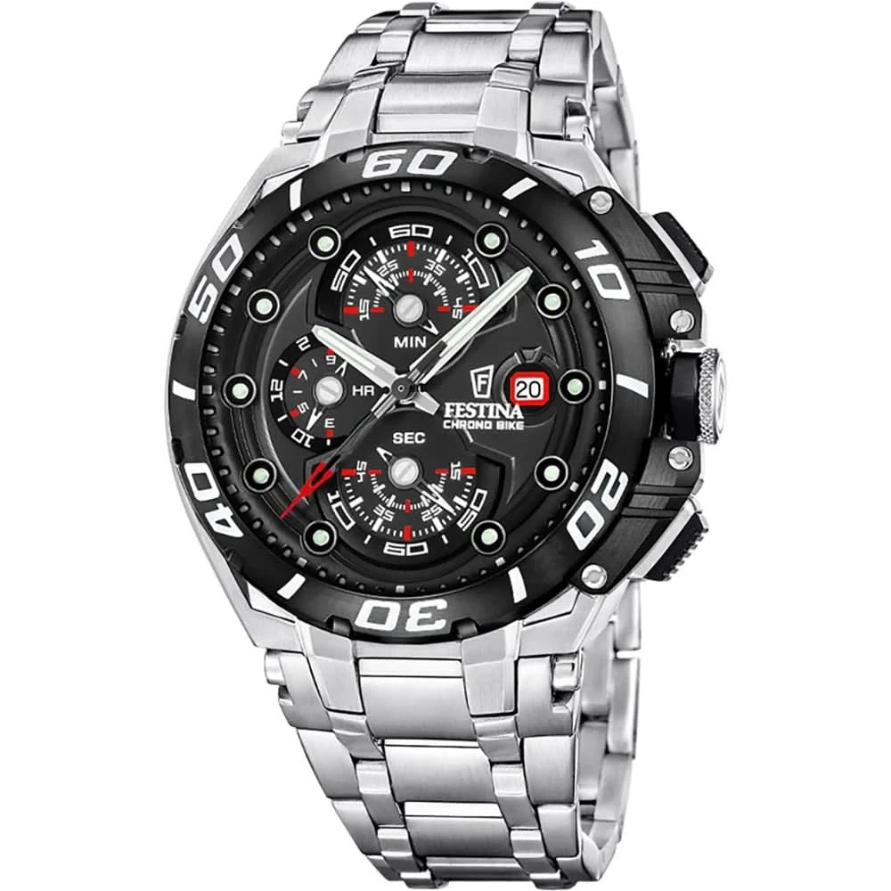 Reloj Festina Chrono Bike para hombre con esfera negra y correa de metal plateada