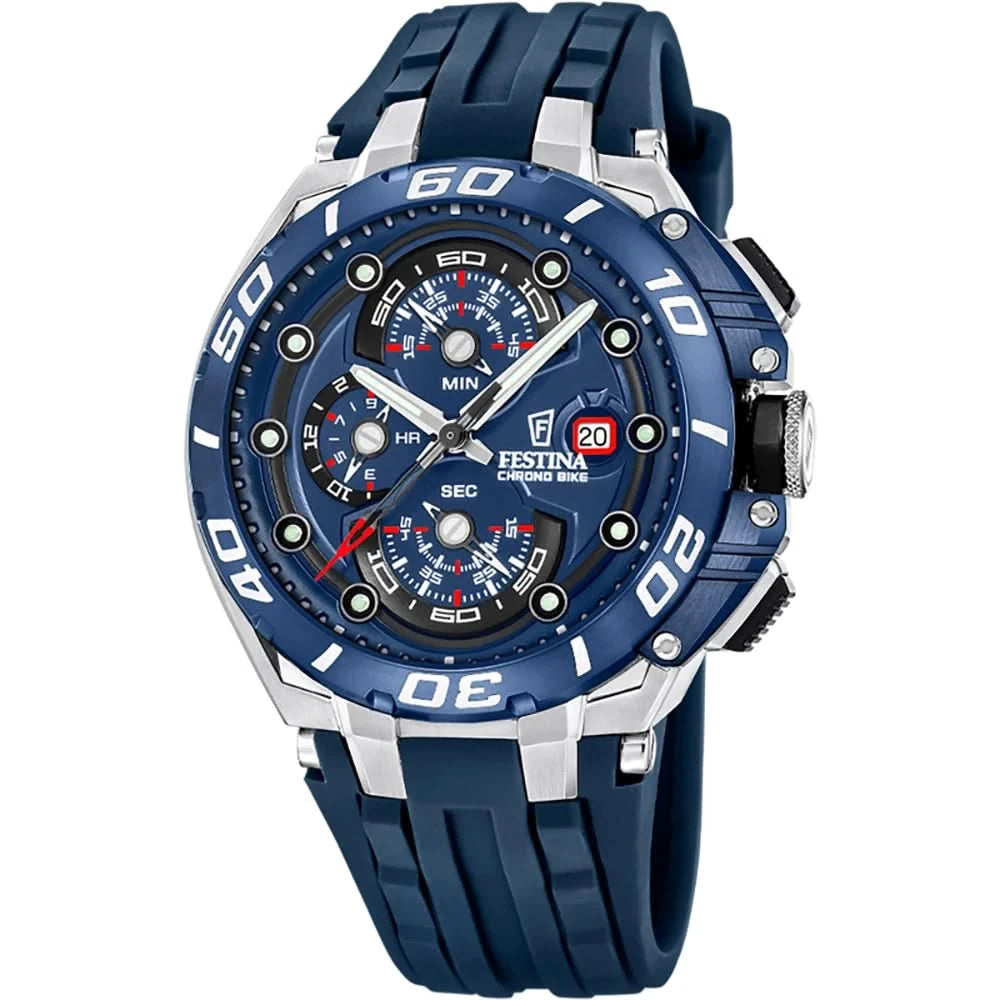 Reloj para hombre con esfera azul, detalles de cronógrafo y correa de caucho azul oscuro