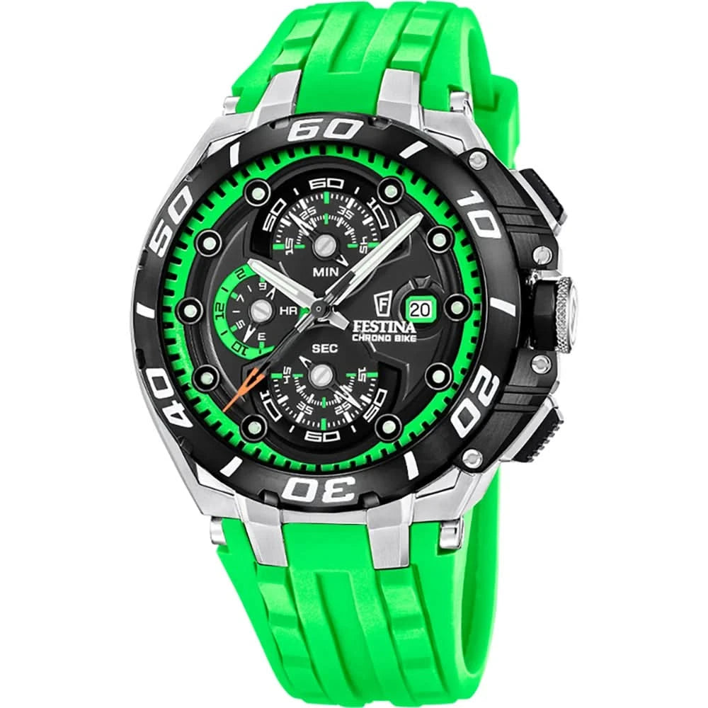 Reloj Festina para hombre, cronógrafo con correa de silicona verde, esfera negra