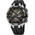 Reloj de hombre con esfera negra, subesferas de cronógrafo y correa negra.