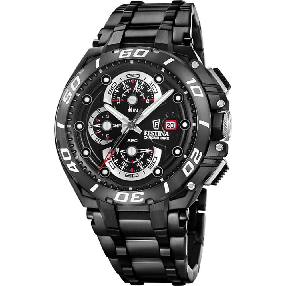 Cronógrafo Festina para hombre: esfera negra, detalles rojos, brazalete de metal negro