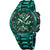 Cronógrafo deportivo para hombre: esfera verde y brazalete de metal verde.