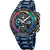 Reloj de hombre con correa azul y bisel negro, cronógrafo, esfera multicolor