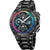 Reloj de hombre: pulsera de metal negro, caja redonda, esfera de cronógrafo multicolor