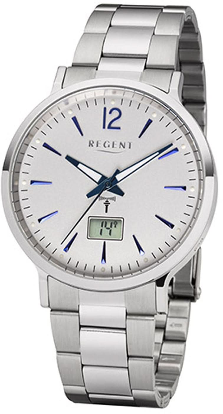 Reloj de hombre Regent con brazalete de metal plateado, esfera blanca, manecillas azules y visualización de fecha