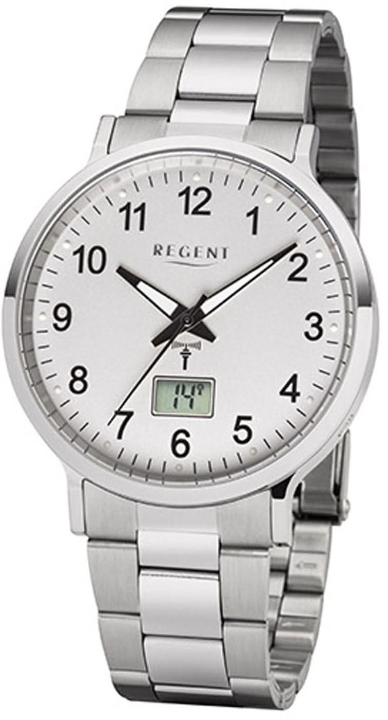 Reloj analógico con correa de acero inoxidable plateado, esfera blanca y visualización de fecha