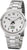 Reloj analógico con correa de acero inoxidable plateado, esfera blanca y visualización de fecha