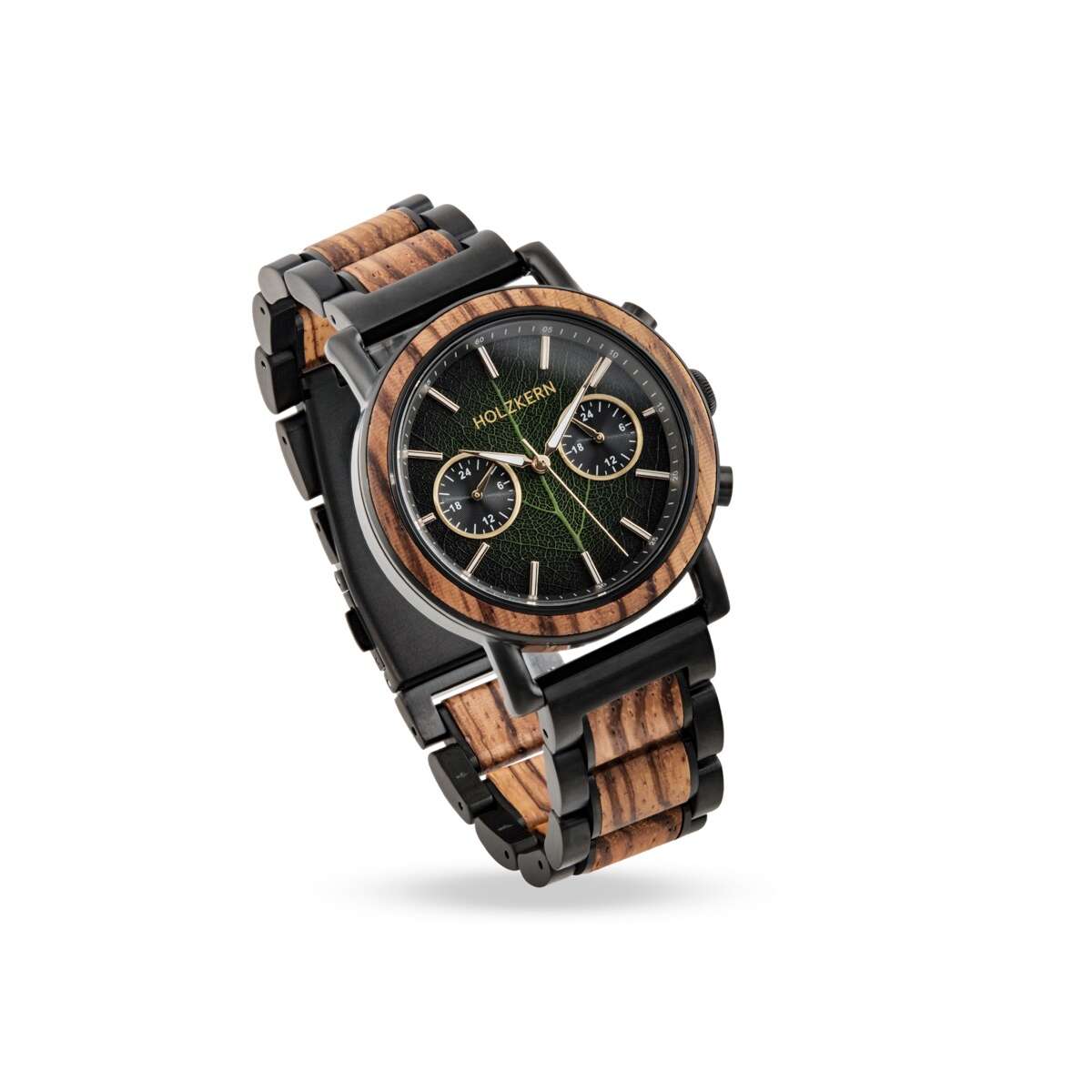 Holzkern Askja Herren Armbanduhr • Echtes Blatt Zifferblatt • Zebranoholz & Edelstahl, Bild 4