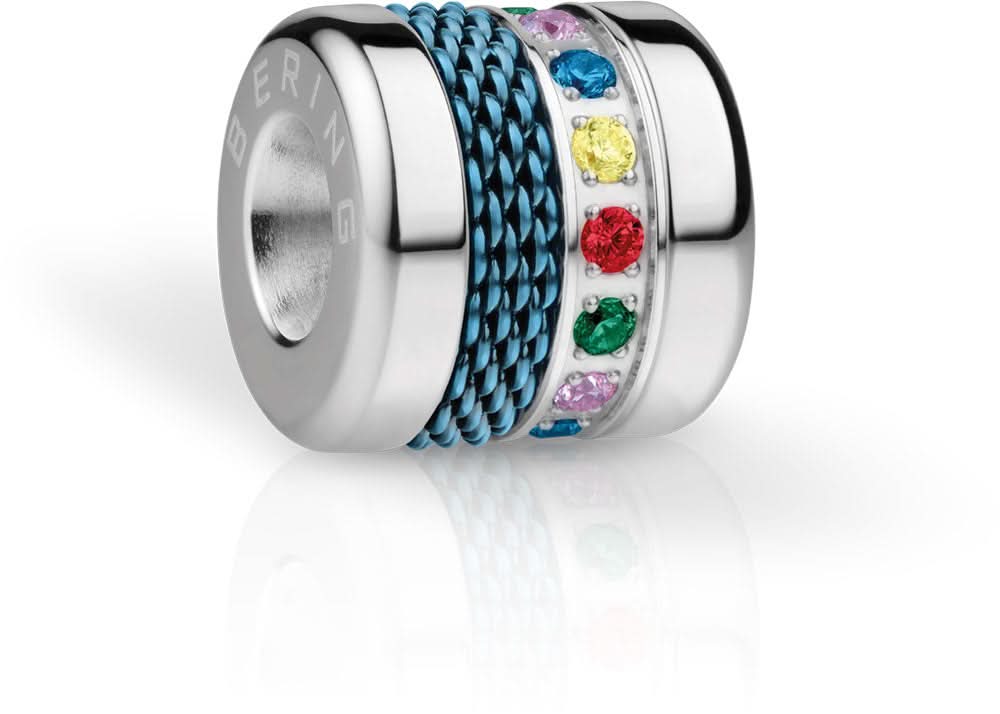 Bering Jewelry Charm de acero inoxidable con trenzado azul y piedras decorativas de colores en anillo circular
