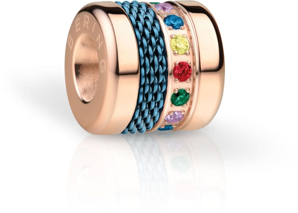 Charm Bering de acero inoxidable con cinta azul trenzada y gemas de colores en oro rosa