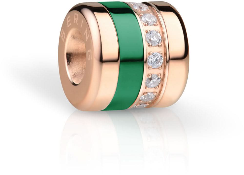 Charm de acero inoxidable con incrustación verde, bordes en tono oro rosa y piedras