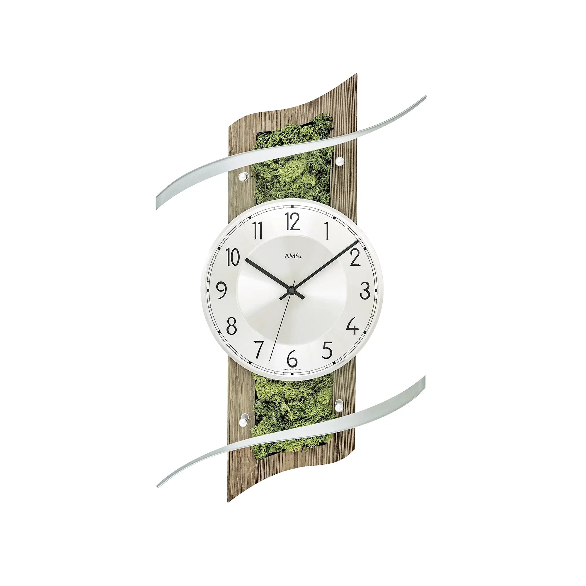 Wanduhr mit rundem Zifferblatt, Glasfront und Holzrückwand, facettiertes Design