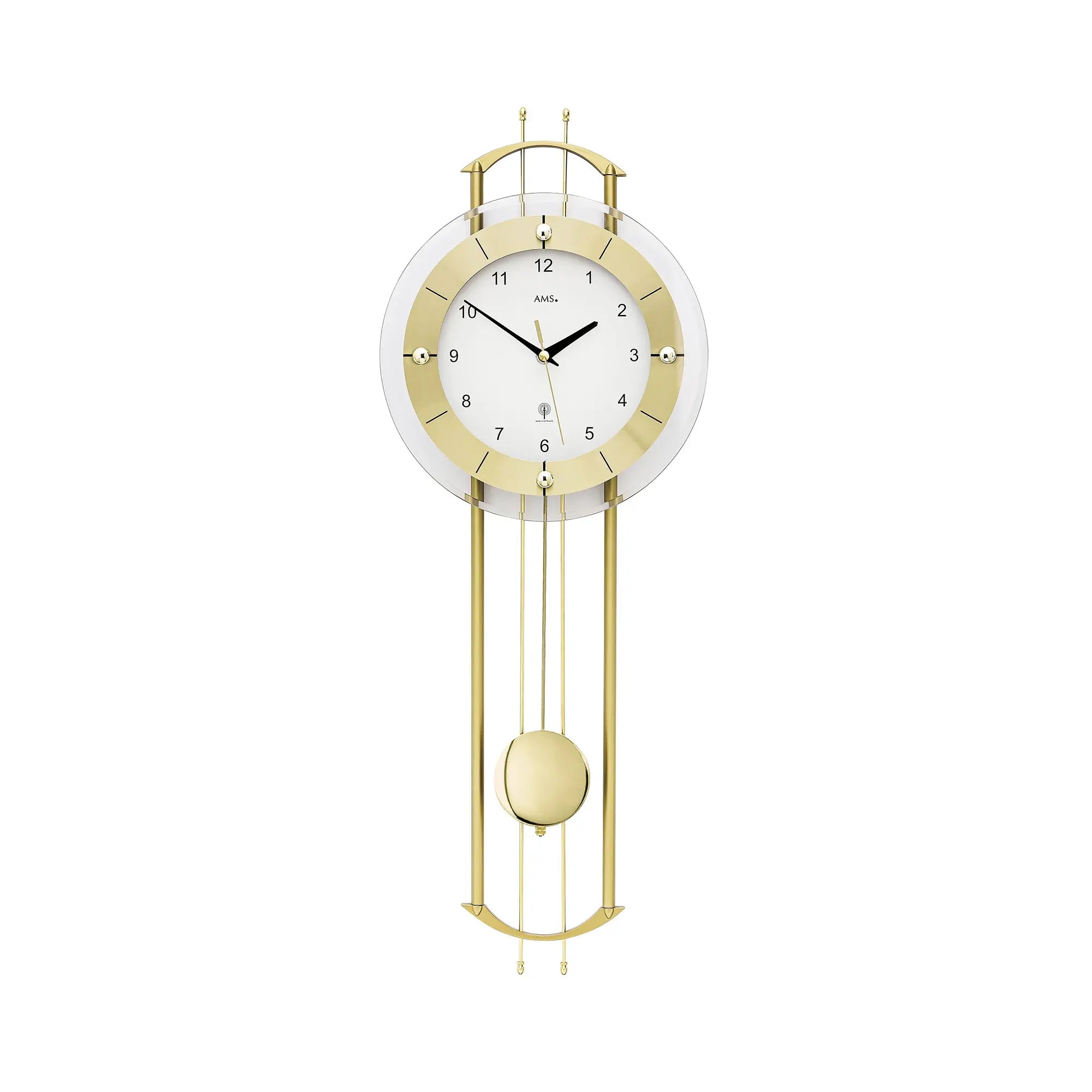 Funk-Wanduhr mit rundem Glaszifferblatt, Messingrahmen und Pendelsystem