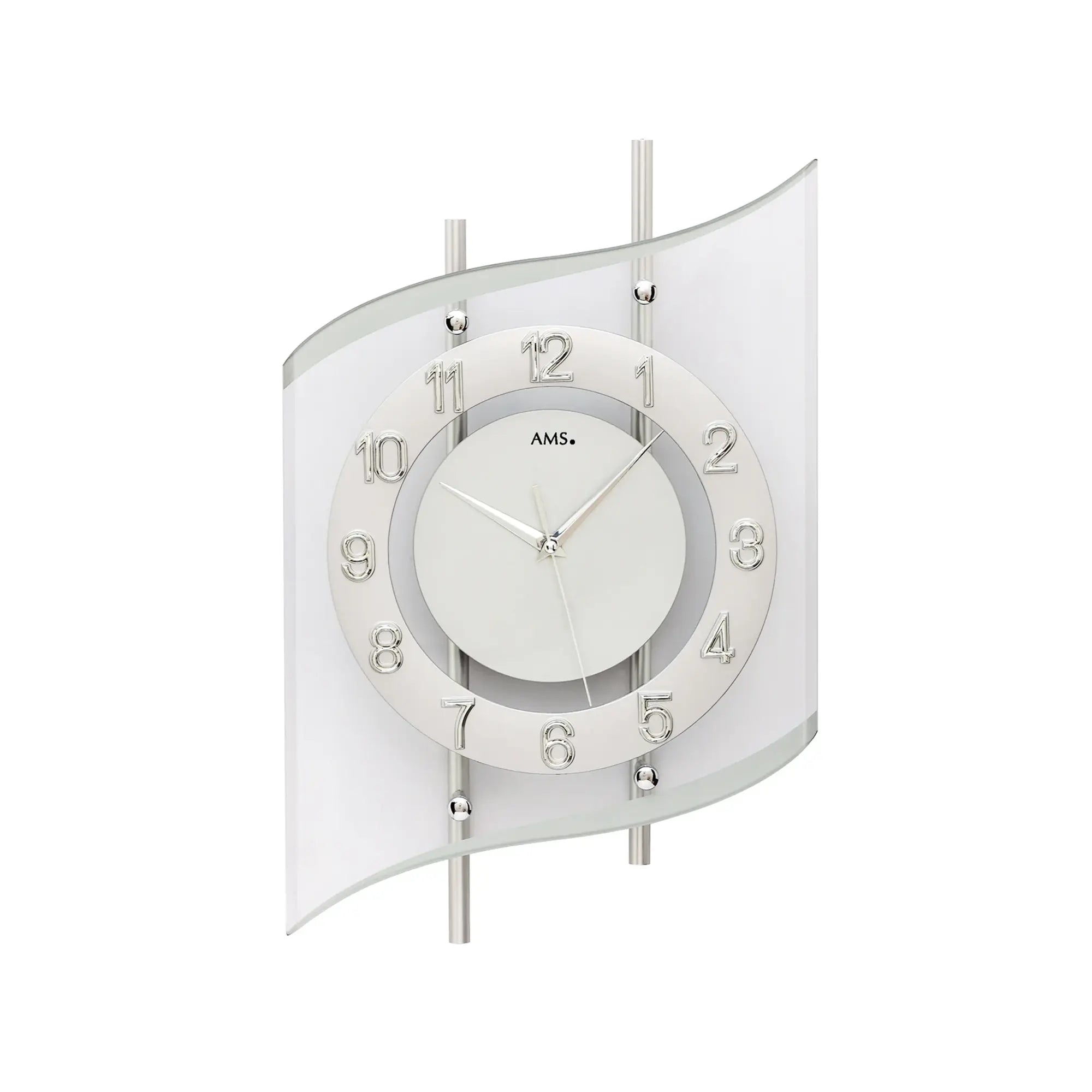 AMS Wanduhr: silbernes Metallgehäuse, Mineralglas und Zahlenring, rundes Ziffernblatt