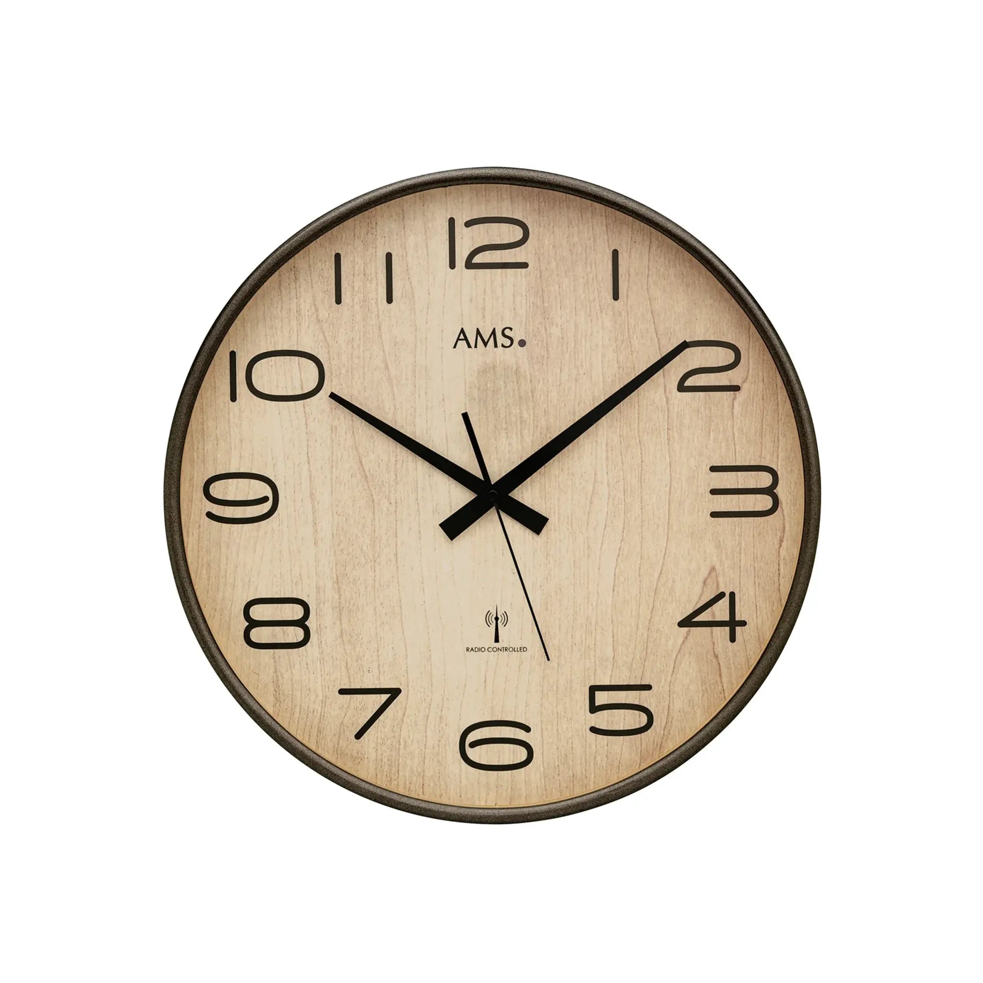 AMS Wanduhr mit Holz-Zifferblatt, schwarzem Rahmen und Mineralglas, römische Ziffern