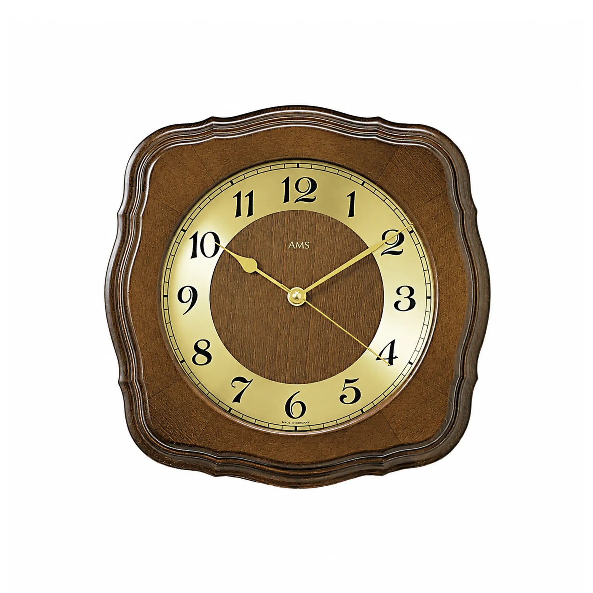 Wanduhr mit rundem Holzgehäuse aus Nussbaum und analogem Ziffernblatt