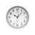 Runde Funk-Wanduhr, silberner Rahmen, weißes Ziffernblatt mit schwarzen Zahlen und Zeigern