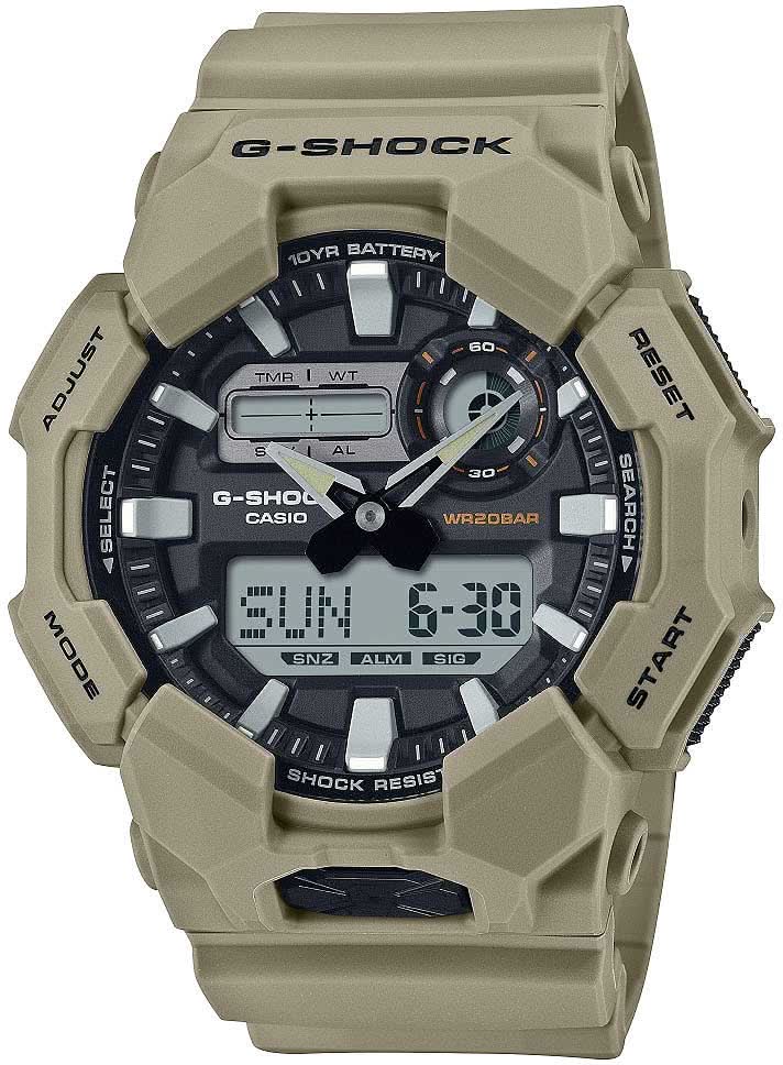 Casio G-Shock - Reloj para hombre con caja beige, pantalla digital redonda y elementos distintivos de cronógrafo