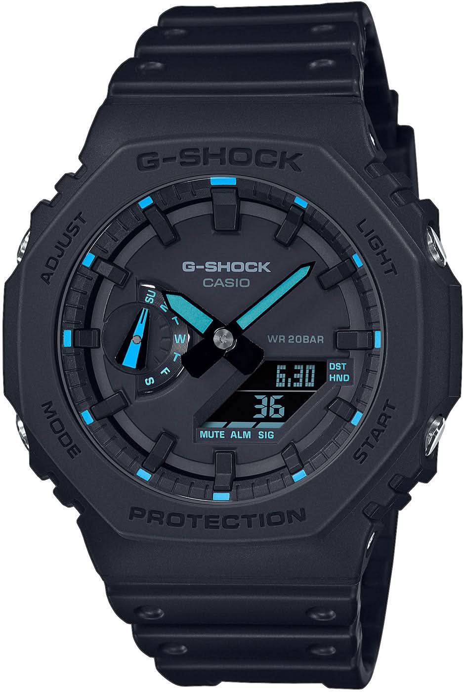 Casio G-Shock - Reloj para hombre con correa negra, esfera redonda y detalles azul verdoso