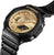 Casio G-Shock reloj para hombre en ángulo: caja negra con esfera y correa doradas