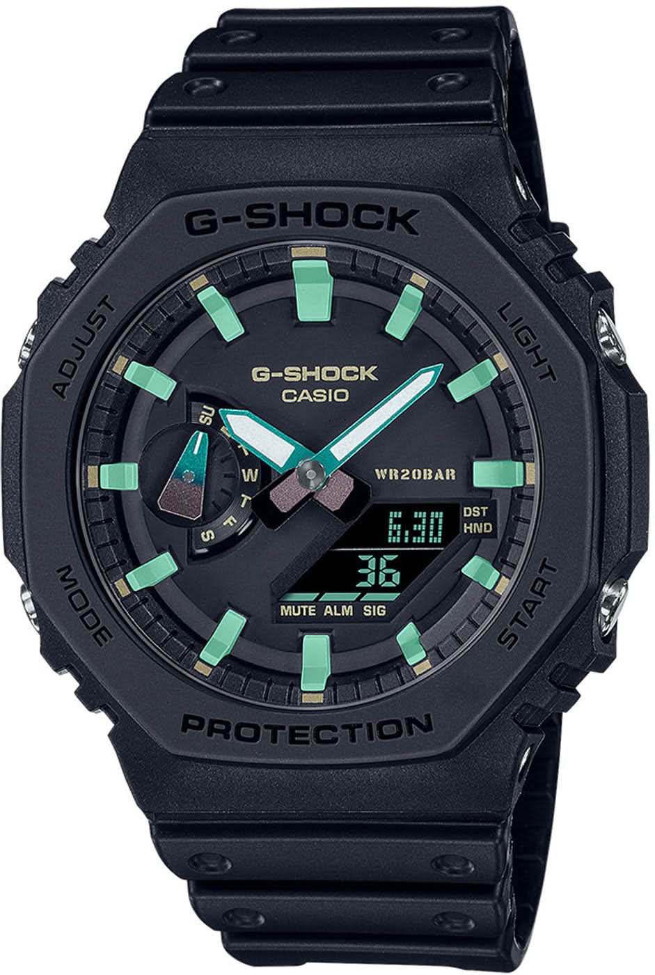 Pulsera de hombre con correa de plástico negro, esfera con marcadores verdes y pantalla digital