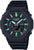 Pulsera de hombre con correa de plástico negro, esfera con marcadores verdes y pantalla digital