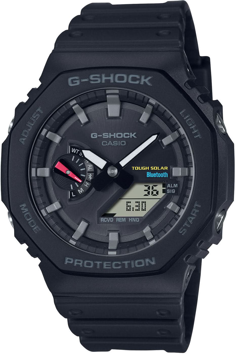 Reloj de pulsera negro para hombre con correa de caucho negra, pantalla analógica, Bluetooth y Tough Solar