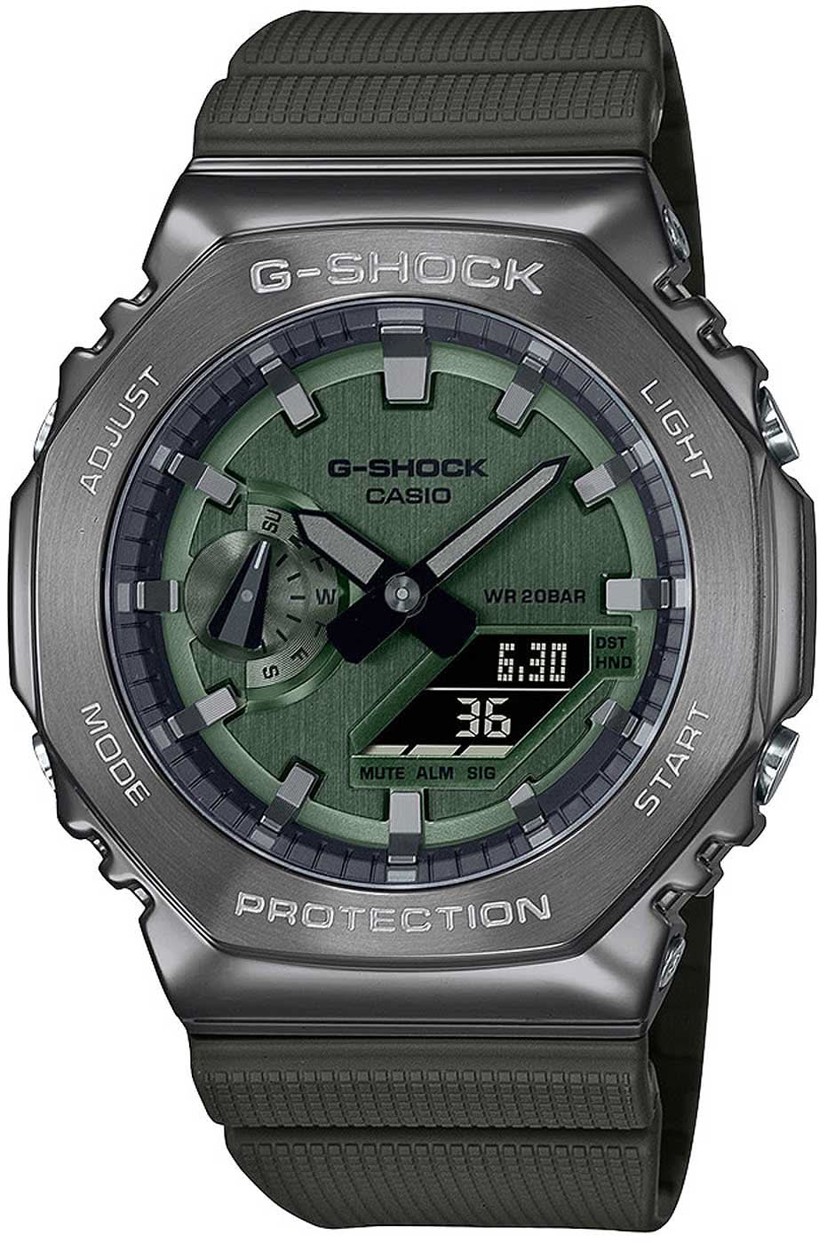 Reloj para hombre con esfera verde y correa de silicona negra, caja de metal, pantalla digital.