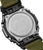 Fondo de caja de metal Casio G-Shock con grabado y elementos de caja negros, con correa verde.