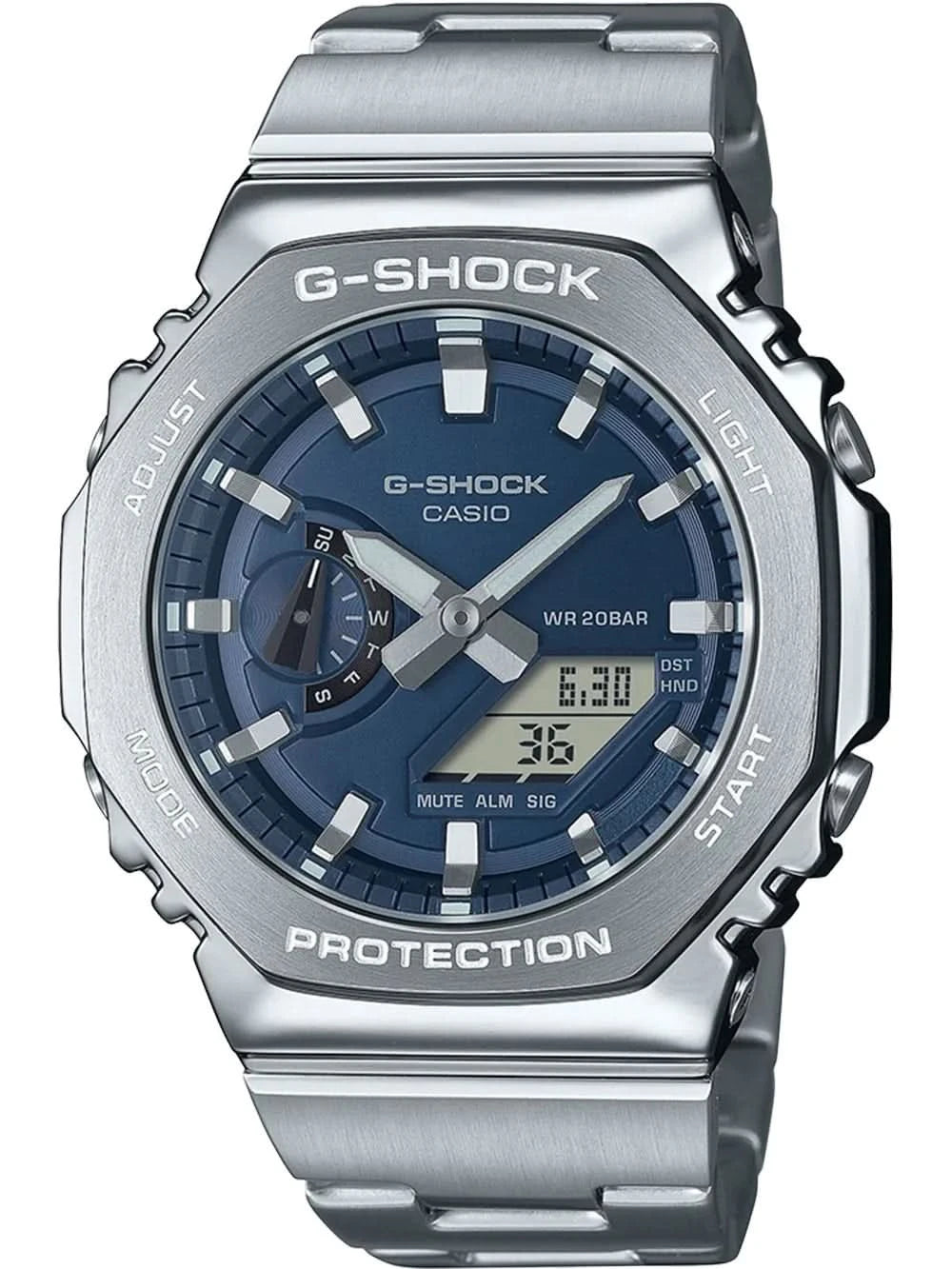 Reloj Casio G-Shock para hombre con correa de acero inoxidable, esfera azul oscuro y carcasa protectora