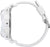 "Vista trasera de reloj de mujer: pulsera blanca con recortes, caja clara"